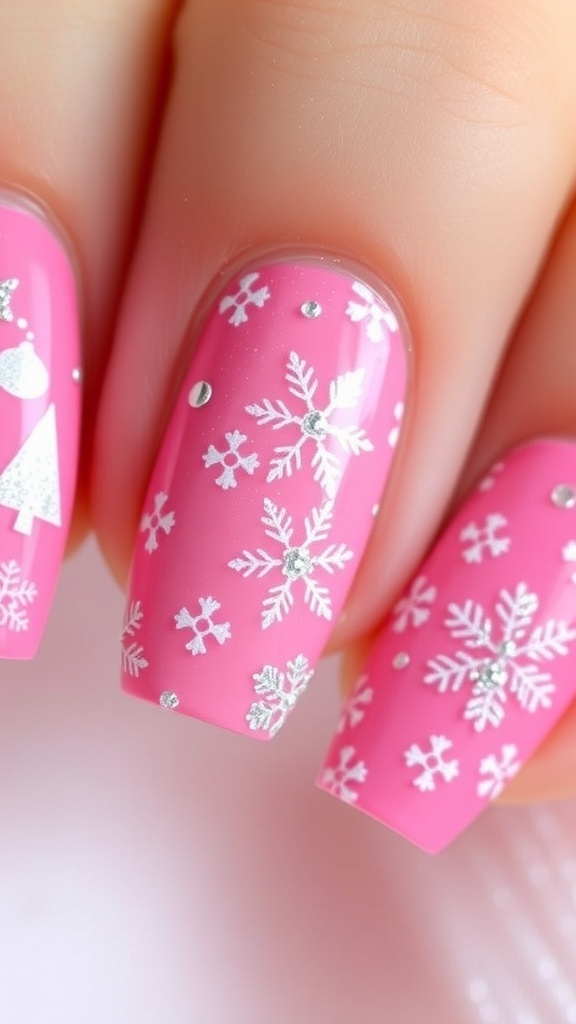 Festive Pink Christmas Nail Art Festive pink Christmas nail art with snowflakes and glitter.